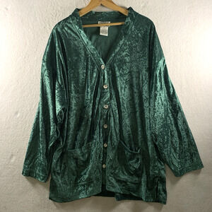 Womens Crushed Velvet Rhinestone Button Top Sz 2X Emerald Green Holiday Office